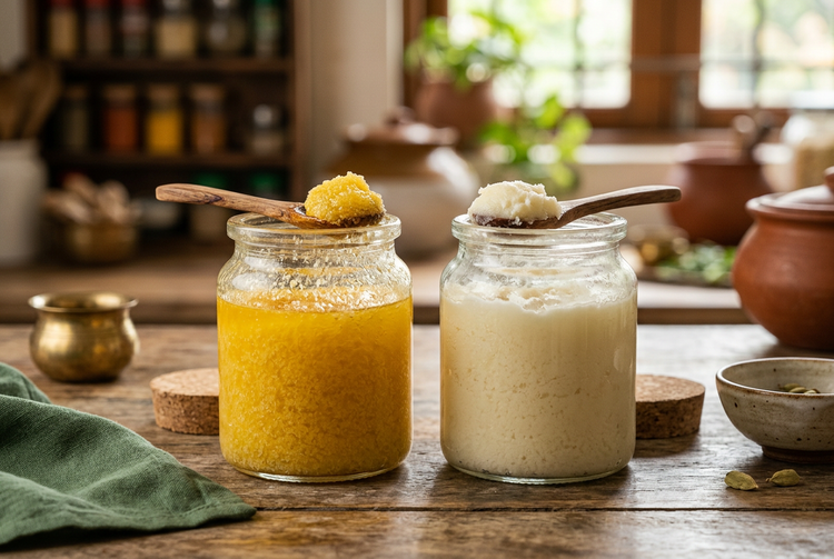 Golden cow ghee beside off-white buffalo ghee in glass jars (illustrative image)