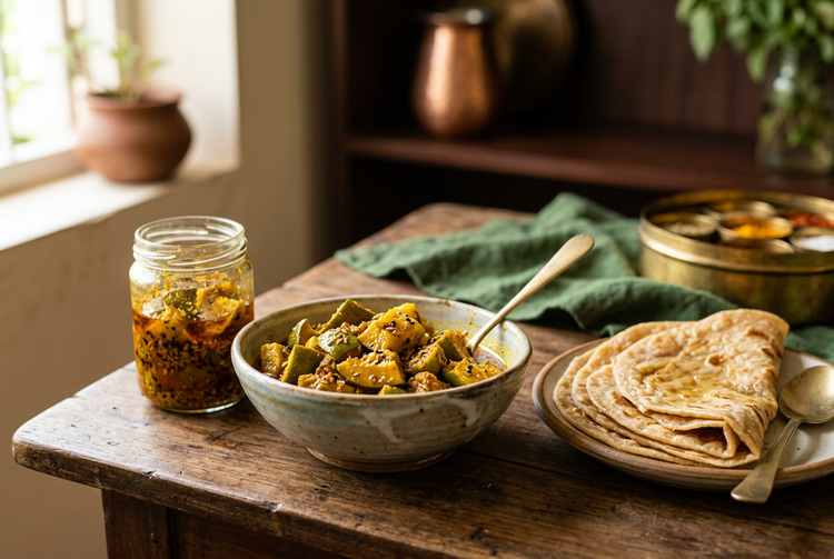 Bowl of mango pickle beside a glass jar of pickle and parathas (illustrative image)