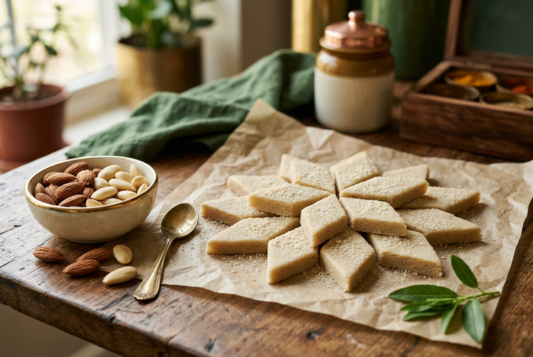 Diamond-cut pieces of homemade badam katli on parchment beside a bowl of whole and blanched almonds (illustrative image)