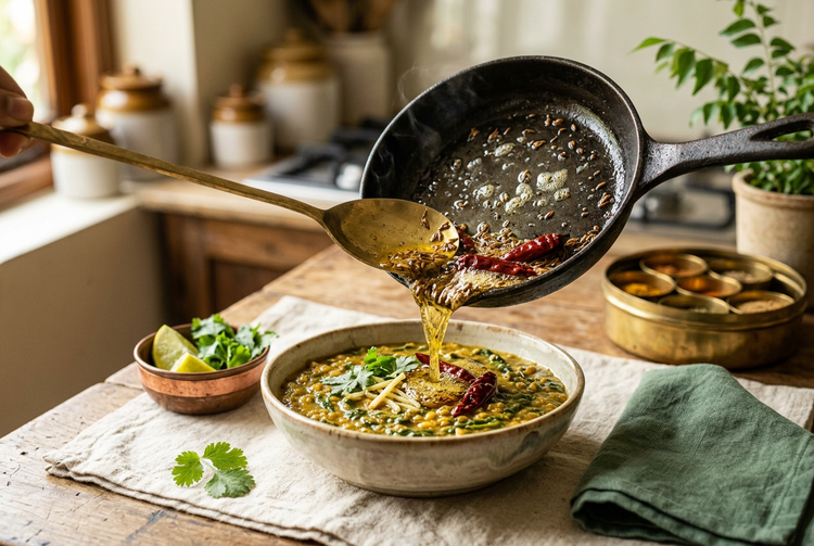 Ghee tadka with cumin and dried red chillies being poured from an iron pan over a bowl of dal (illustrative image)