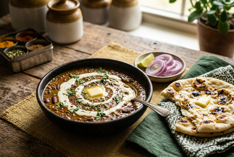 Bowl of creamy dal makhani with a swirl of cream and butter, served with naan, sliced onion and lemon (illustrative image)