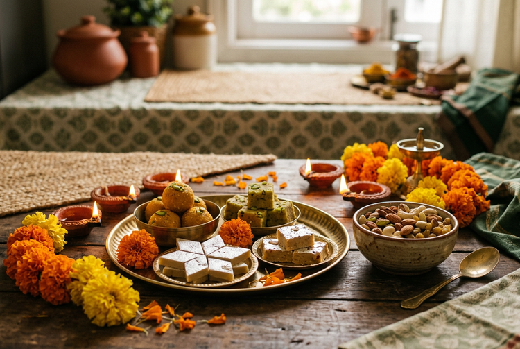 Diwali spread of kaju katli, ladoos and barfi on brass plates with diyas, marigolds and dry fruits (illustrative image)