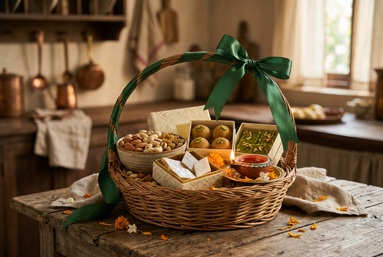 Wicker Diwali gift basket with a green ribbon holding boxes of kaju katli, ladoo, barfi, mixed nuts and a diya (illustrative image)