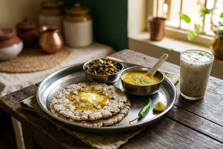 Everyday Rajasthani lunch of bajra roti with ghee, ker sangri, dal, chaas and green chilli on a steel plate (illustrative image)