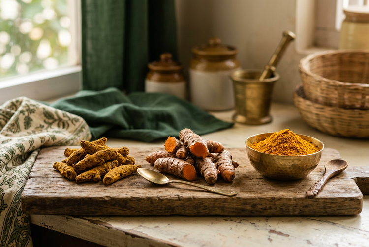 Dried turmeric fingers, fresh turmeric roots and a brass bowl of haldi powder on a wooden board (illustrative image)