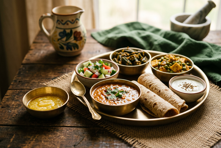 A small bowl of ghee beside a balanced vegetarian thali with dal, sabzi, roti, salad and curd (illustrative image)