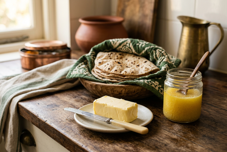 A block of butter on a plate beside a glass jar of golden ghee and a basket of rotis (illustrative image)