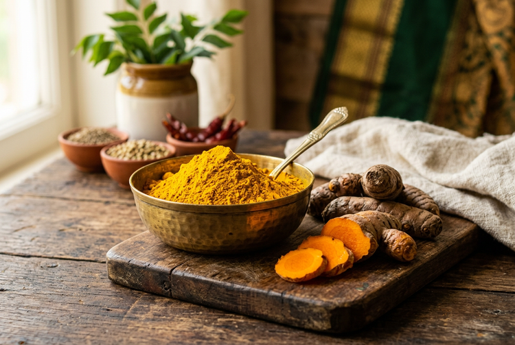 Turmeric powder in a brass bowl beside fresh turmeric roots (illustrative image)