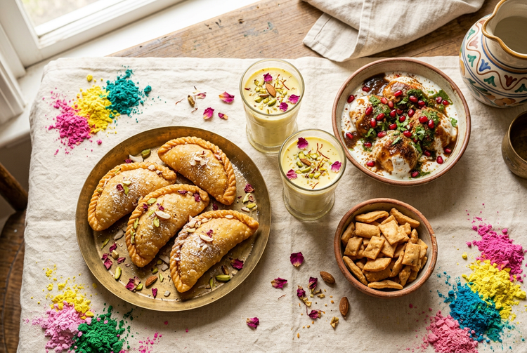 Holi spread of gujiya, two glasses of thandai, dahi bhalla and namak pare with heaps of coloured gulal (illustrative image)
