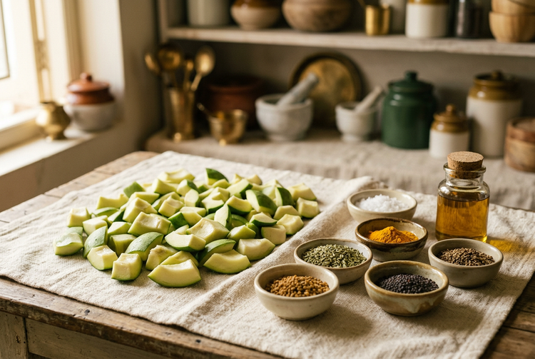Cut raw mango pieces drying on a cloth beside bowls of salt, turmeric, fennel, fenugreek, mustard seeds and mustard oil (illustrative image)