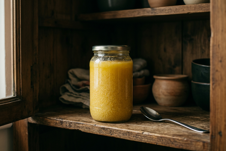 Closed jar of grainy ghee on a shaded cupboard shelf with a dry spoon (illustrative image)