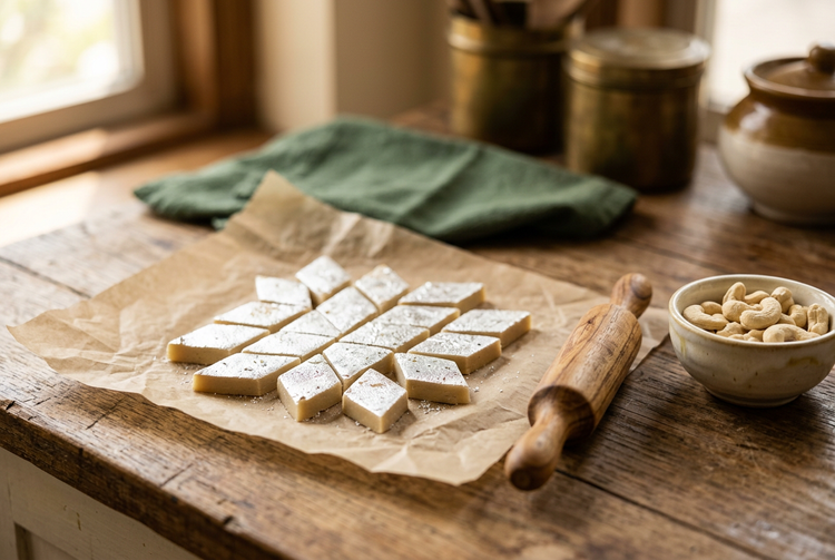 Homemade kaju katli cut into diamonds on parchment with a rolling pin and cashews (illustrative image)