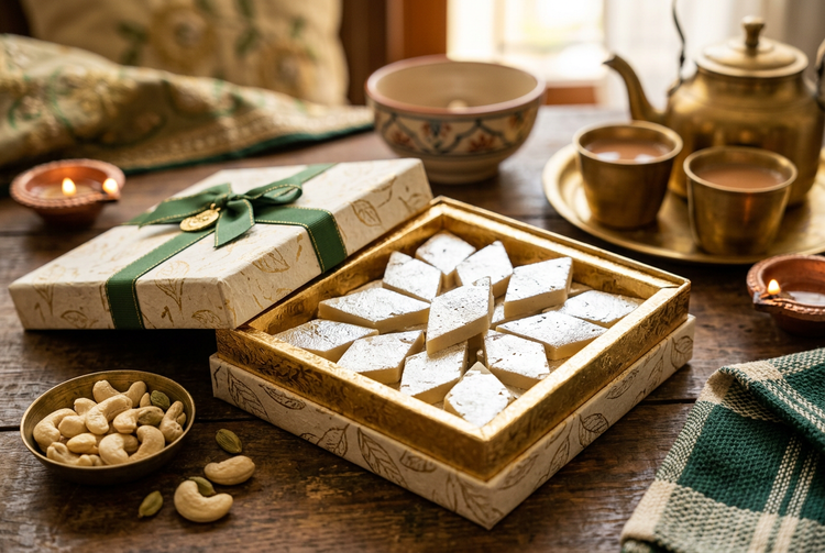 Kaju katli with silver varq in an open gift box beside cashews and tea (illustrative image)