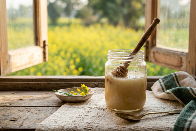Jar of pale crystallised honey with a wooden dipper by a window overlooking yellow mustard fields (illustrative image)