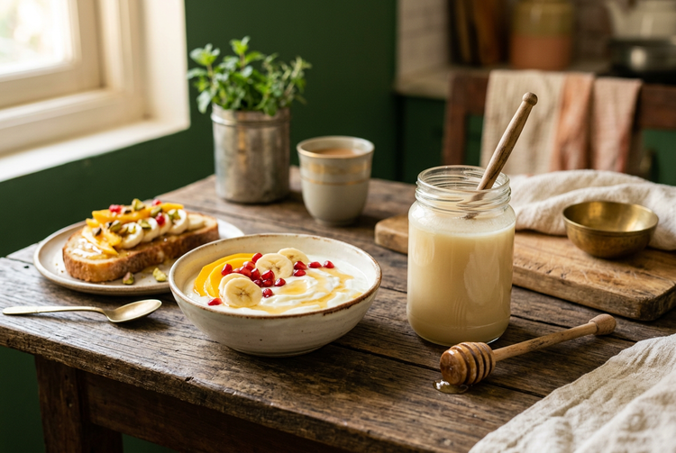 Curd bowl topped with banana, pomegranate and honey beside a jar of creamy set honey and honey toast (illustrative image)