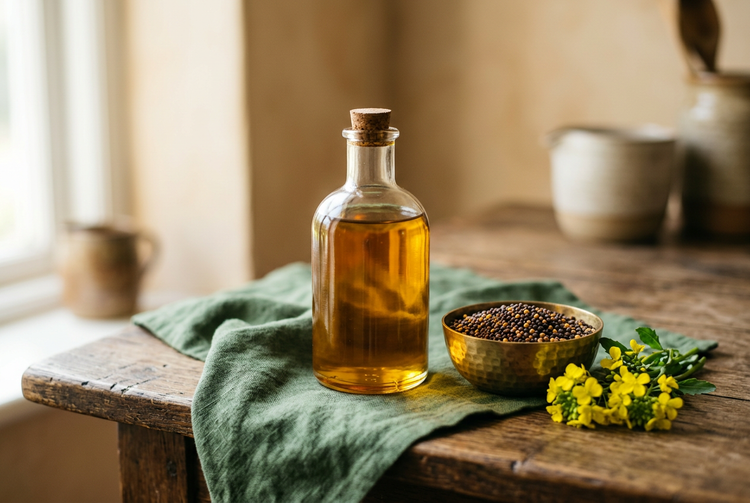 Glass bottle of mustard oil beside a brass bowl of mustard seeds and yellow mustard flowers (illustrative image)