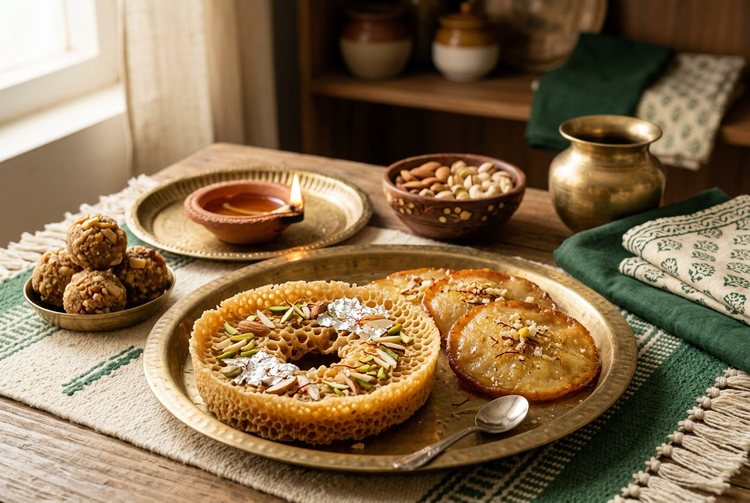 Brass thali with ghevar topped with nuts and silver leaf, malpua, ladoos, a diya and a bowl of nuts (illustrative image)