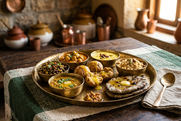 Rajasthani thali with dal baati, ker sangri, kadhi, churma and bajra roti (illustrative image)