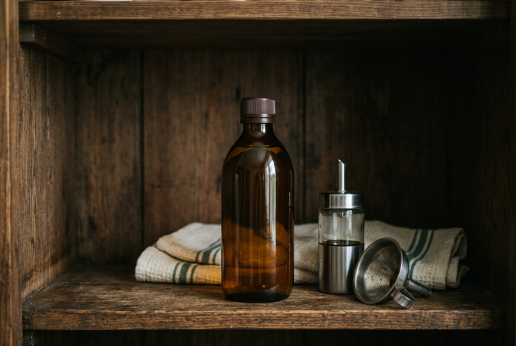 Sealed amber glass oil bottle, small oil dispenser and funnel on a dark wooden cupboard shelf (illustrative image)