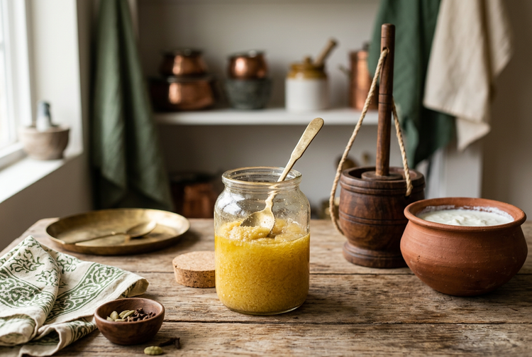 Jar of golden ghee beside a wooden churner and a clay pot of curd (illustrative image)