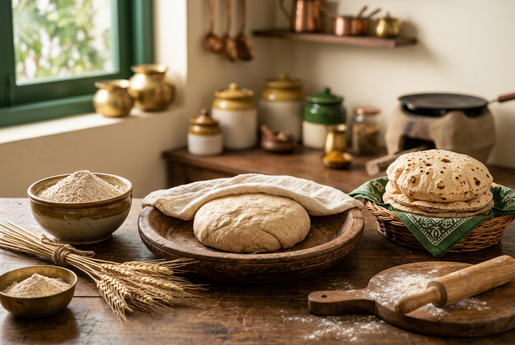 Kneaded wheat dough resting under a cloth, with a bowl of atta, wheat stalks and phulkas (illustrative image)