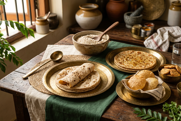 Brass plates of rotis, parathas and puris with a bowl of wheat atta and a bowl of mathri (illustrative image)