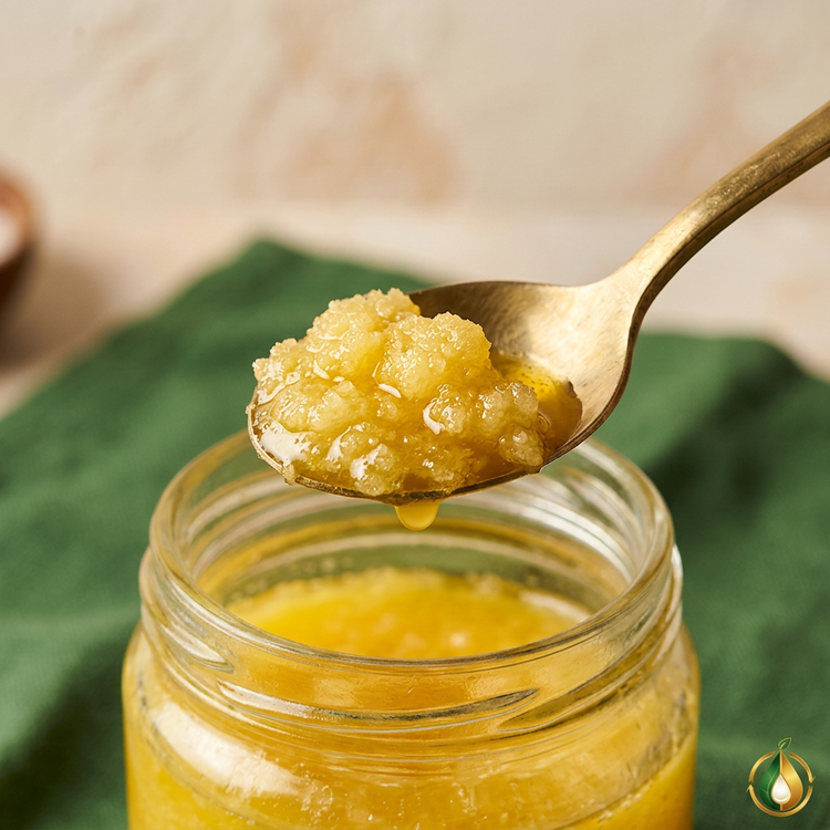 Grainy texture of A2 cow ghee on a spoon (illustrative image)