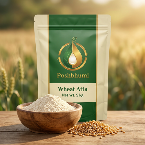 PoshBhumi Wheat Atta 5 kg pouch with a bowl of atta and wheat grains (illustrative image)