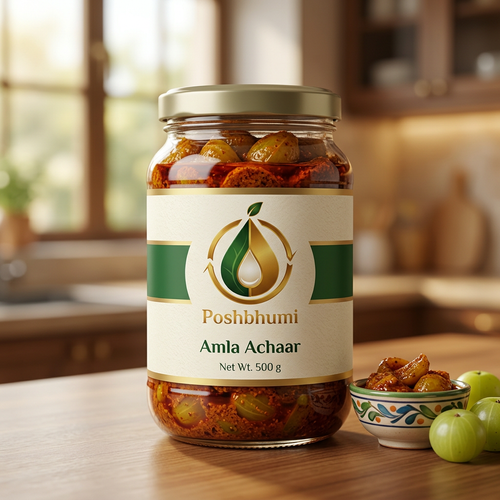 PoshBhumi Amla Achaar 500 g glass jar with a serving bowl and fresh amla (illustrative image)