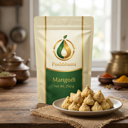 PoshBhumi Mangodi 250 g pouch with sun-dried uncooked mangodi on a plate (illustrative image)