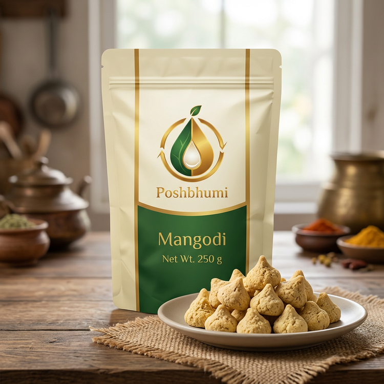 PoshBhumi Mangodi 250 g pouch with sun-dried uncooked mangodi on a plate (illustrative image)
