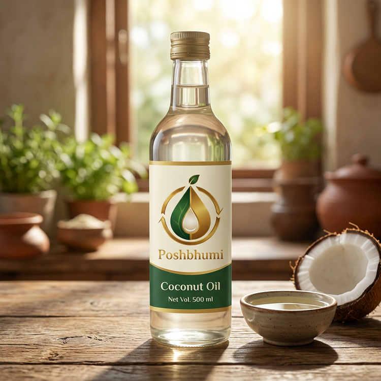PoshBhumi Coconut Oil 500 ml bottle with a fresh coconut (illustrative image)