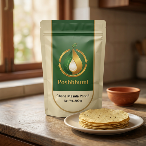 PoshBhumi Chana Masala Papad 200 g pouch with uncooked papads on a plate (illustrative image)