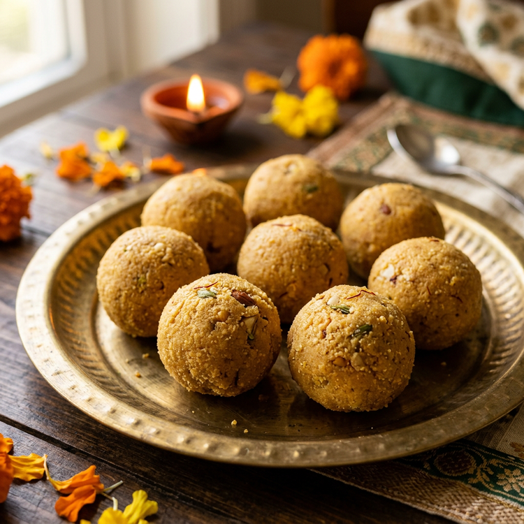 Close-up of besan ladoos on a brass thali with a diya (illustrative image)