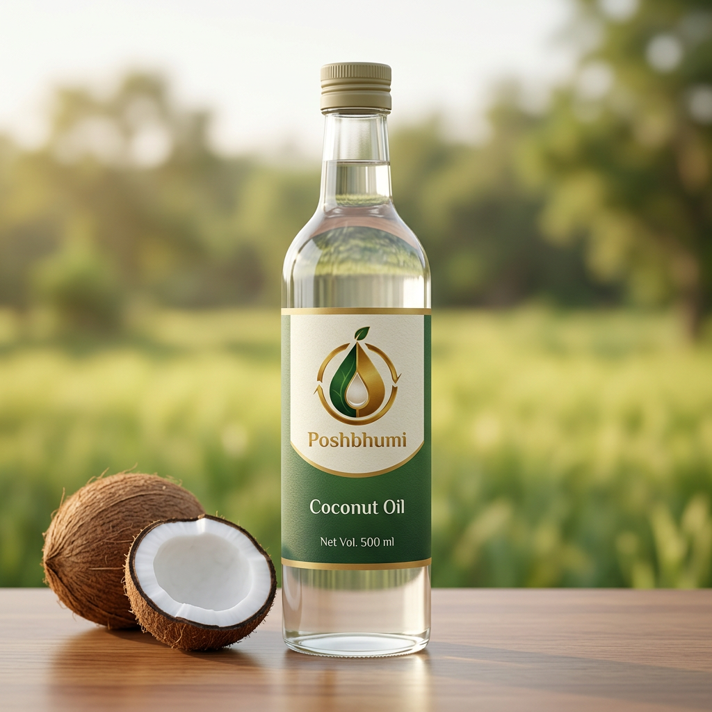 PoshBhumi Coconut Oil 500 ml bottle with whole and halved coconuts (illustrative image)