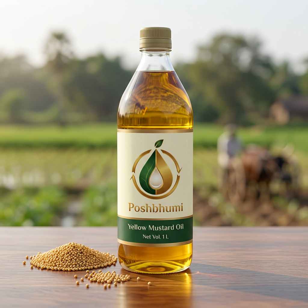 PoshBhumi Yellow Mustard Oil 1 L bottle with yellow mustard seeds (illustrative image)
