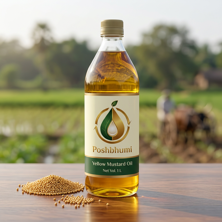 PoshBhumi Yellow Mustard Oil 1 L bottle with yellow mustard seeds (illustrative image)