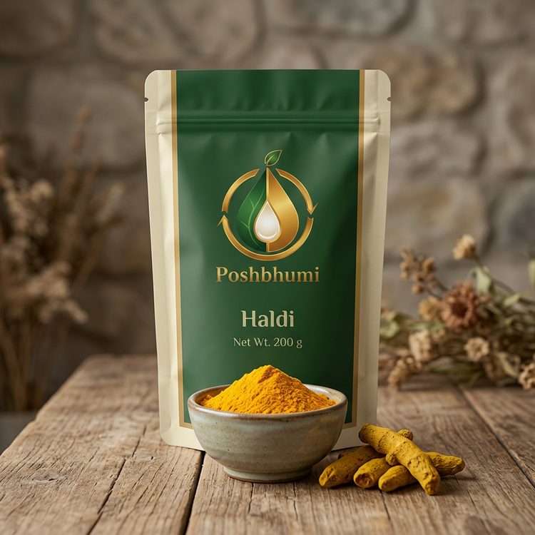 PoshBhumi Haldi 200 g pouch with a bowl of turmeric powder and dried turmeric roots (illustrative image)