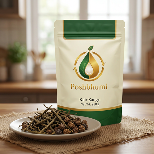 PoshBhumi Kair Sangri 250 g pouch with dried kair and sangri on a plate (illustrative image)