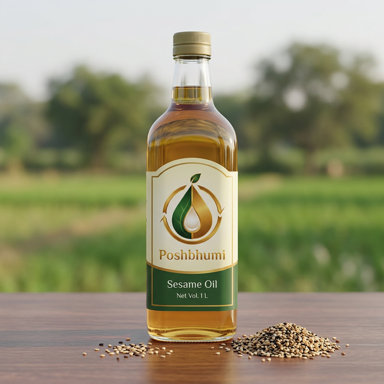 PoshBhumi Sesame Oil 1 L bottle with sesame seeds (illustrative image)