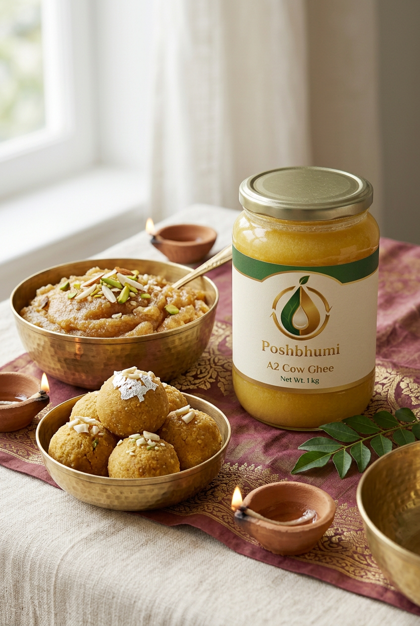 PoshBhumi A2 Cow Ghee with laddoo and halwa for festive cooking (illustrative image)