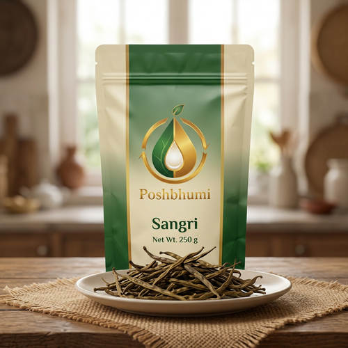 PoshBhumi Sangri 250 g pouch with dried sangri beans on a plate (illustrative image)