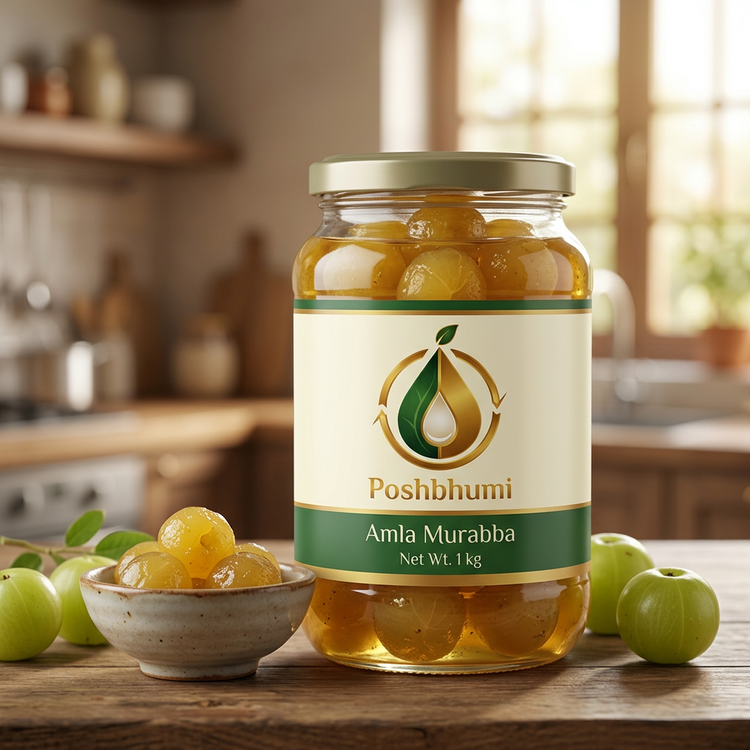 PoshBhumi Amla Murabba 1 kg glass jar with a bowl of murabba and fresh amla (illustrative image)