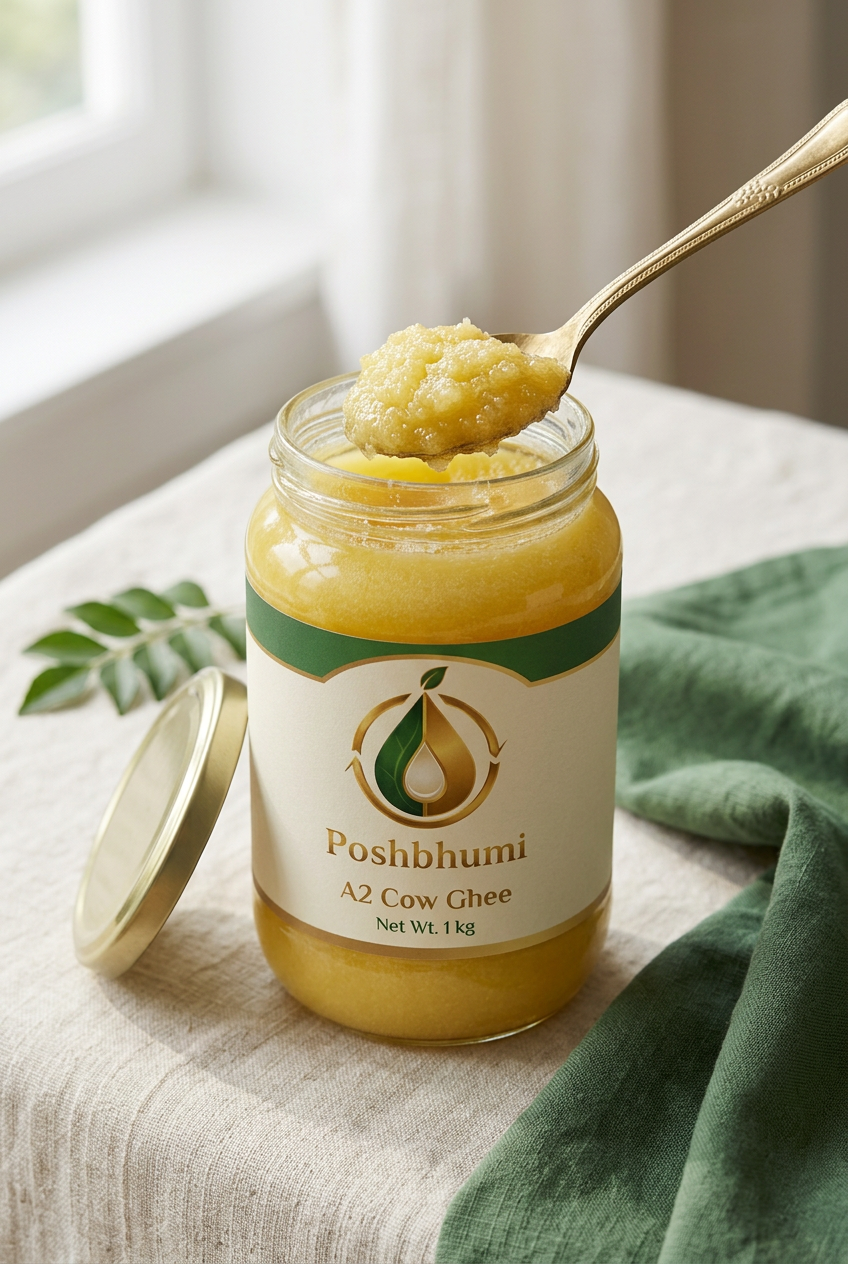 Grainy A2 cow ghee on a spoon above the PoshBhumi jar (illustrative image)