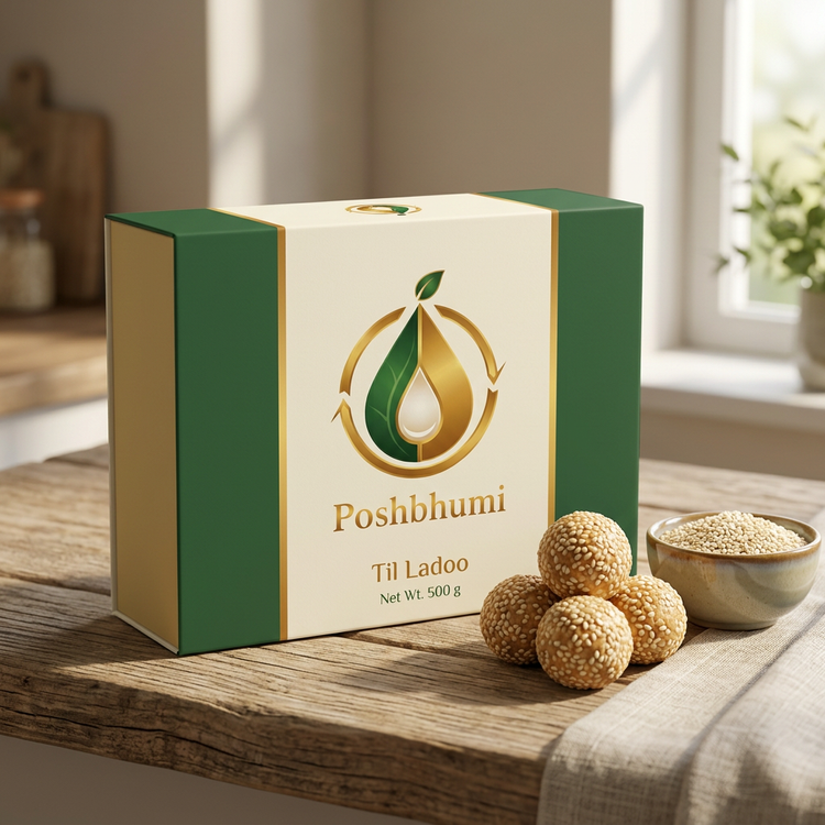 PoshBhumi Til Ladoo 500 g box with sesame ladoos (illustrative image)