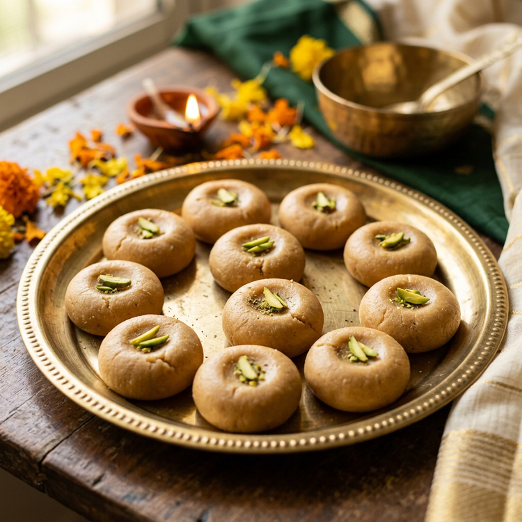 Close-up of pedas topped with pistachio on a brass thali with a diya (illustrative image)