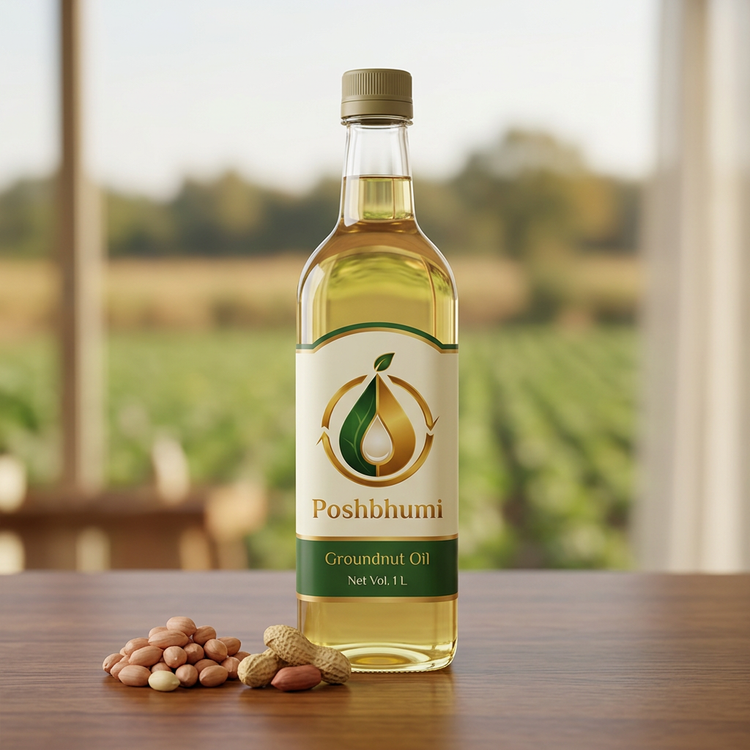 PoshBhumi Groundnut Oil 1 L bottle with groundnuts (illustrative image)