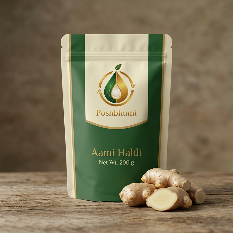 PoshBhumi Aami Haldi (mango ginger) 200 g pouch with mango ginger rhizomes (illustrative image)