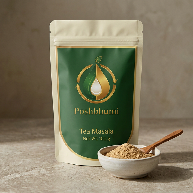 PoshBhumi Tea Masala 100 g pouch with a bowl of tea masala powder (illustrative image)