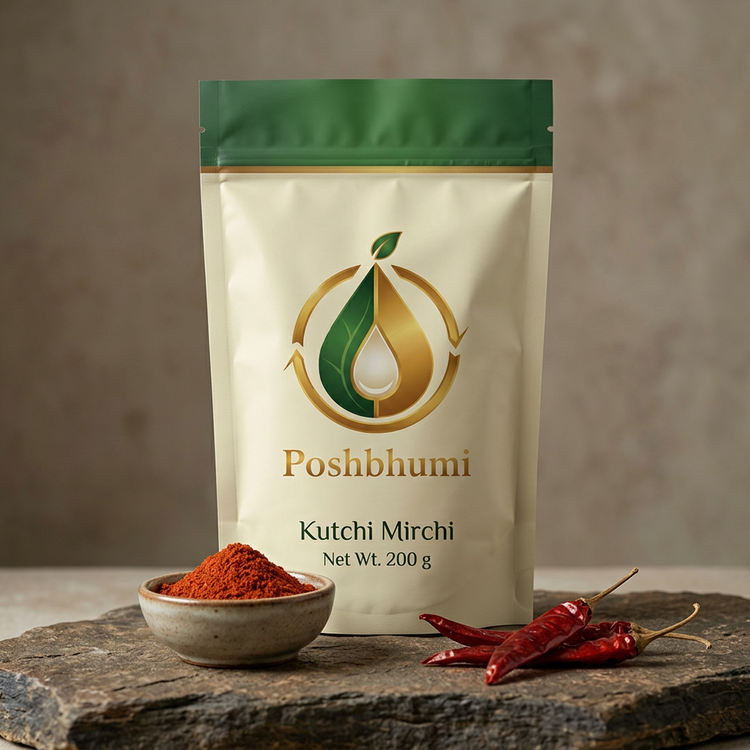 PoshBhumi Kutchi Mirchi 200 g pouch with a bowl of red chilli powder and dried red chillies (illustrative image)